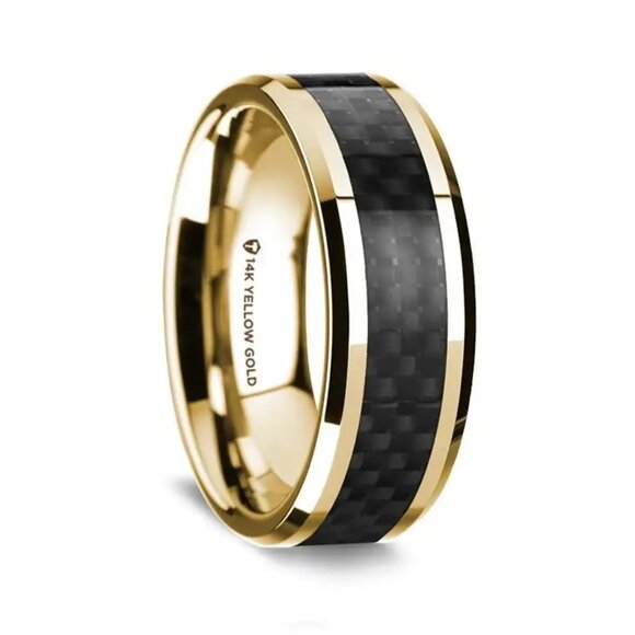 14K Yellow Gold Polished Beveled Edges with Black Carbon Fiber 8mmSz 11 New